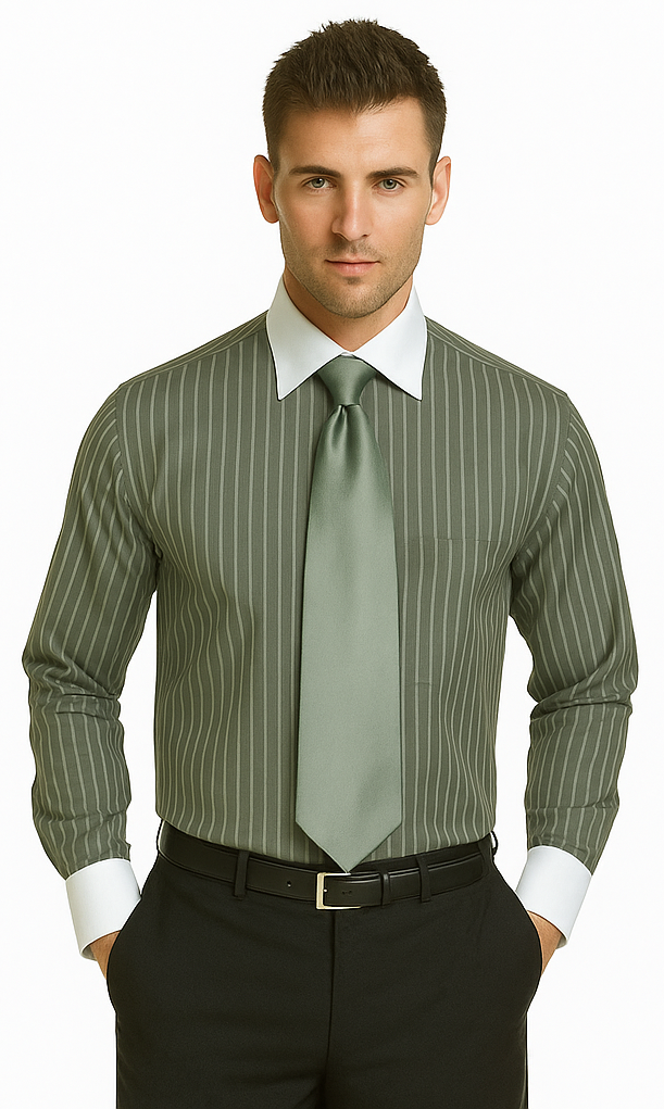French Cuff Stylish Striped Formal Spread Collar Set Style White Collar Two Toned Contrast Multi-Color Men's Dress Shirt