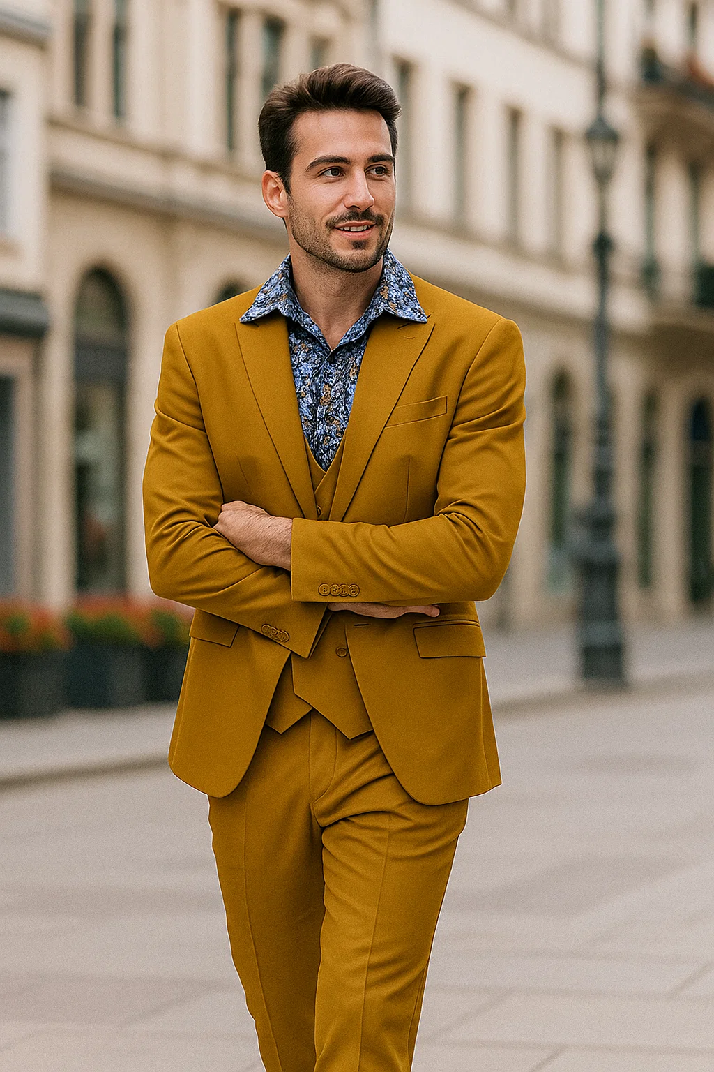Stylish Gold 3-Piece Suit for Men – Peak Lapel, Vested, Two Button Jacket