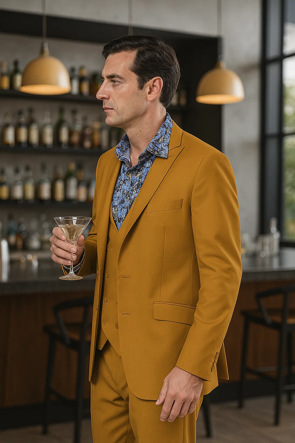 Stylish Gold 3-Piece Suit for Men – Peak Lapel, Vested, Two Button Jacket
