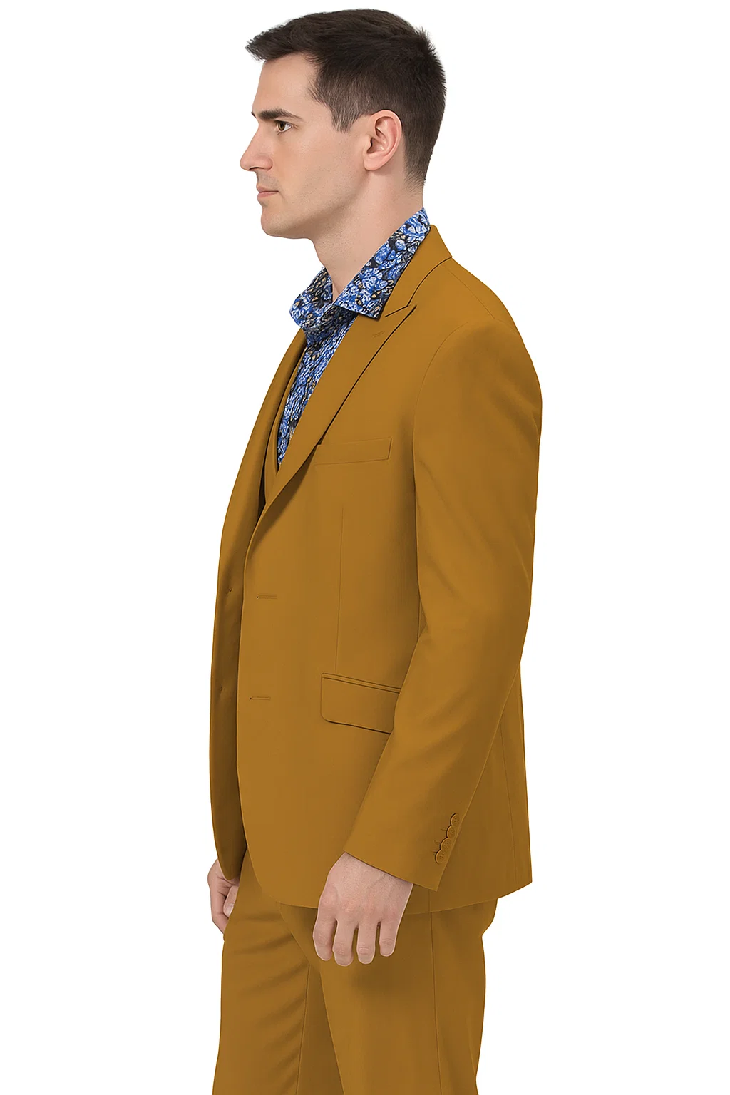 Stylish Gold 3-Piece Suit for Men – Peak Lapel, Vested, Two Button Jacket