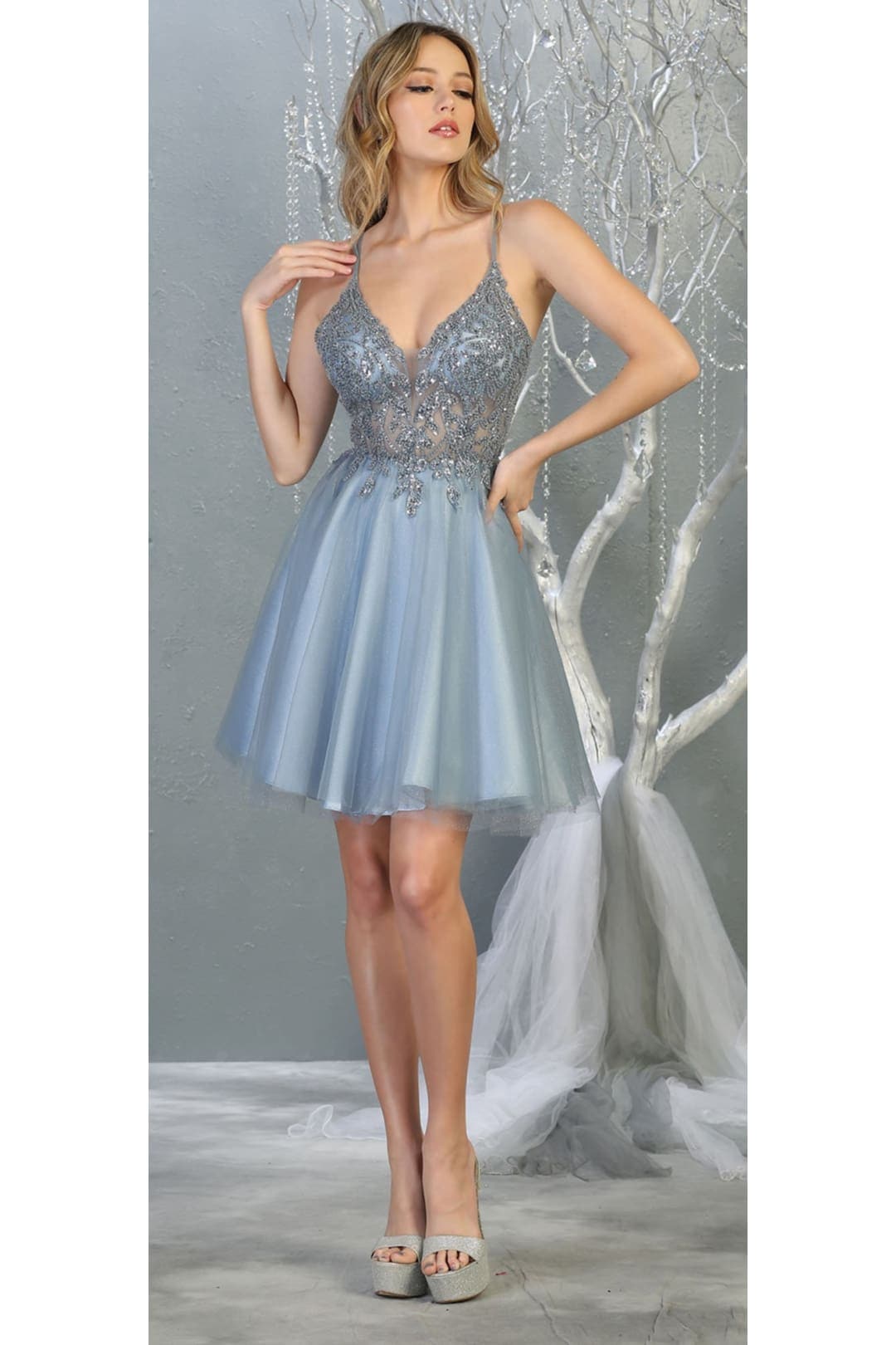 ```
Quince Dama Dresses - Short Quinceanera Dresses in Color Dusty Blue
```