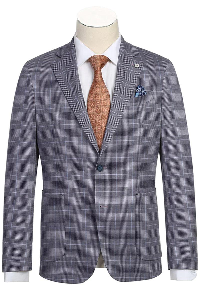"Grey Blue Windowpane Plaid Pelago Men's Half Canvas Unconstructed Sport Coat Blazer"