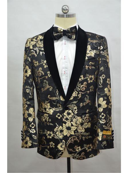 Men's Black-Gold Four Button Cuff Shawl Lapel Tuxedo