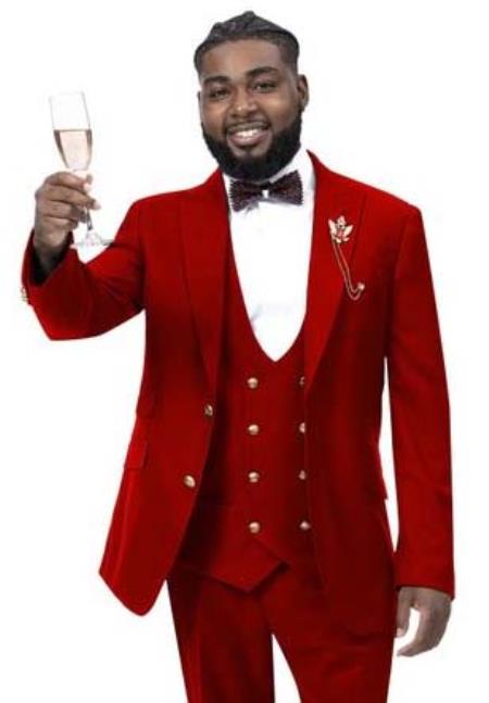 Mens Suit with Gold Buttons Red Three Piece Double Breasted Vest