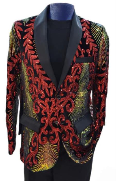 Mens Two Toned Sequin Blazer - Red Prom 2026 Shiny Tuxedo Slim Fit
