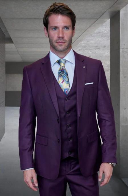 Statement Mens 3 Piece Suit - Tone on Tone Plaid Plum