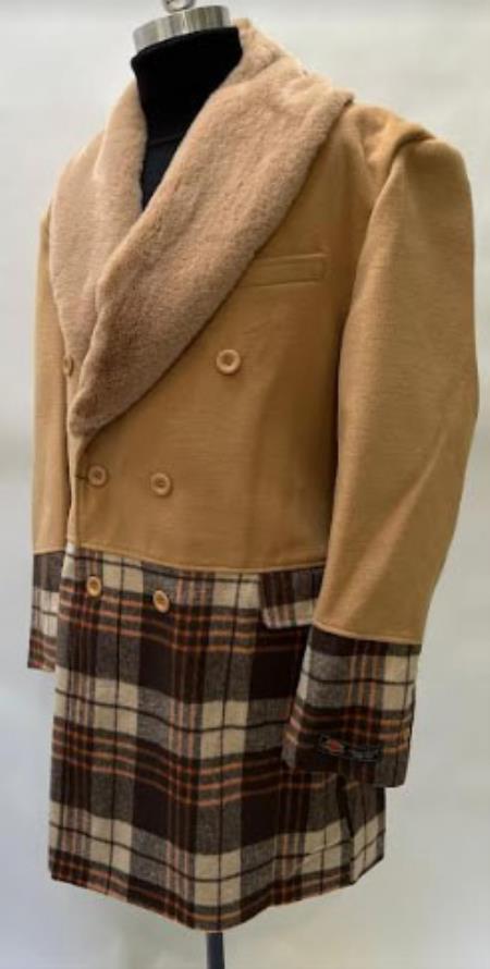 Mens Plaid Overcoat - Houndstooth Checker Pattern Topcoat - Khaki ~ Brown