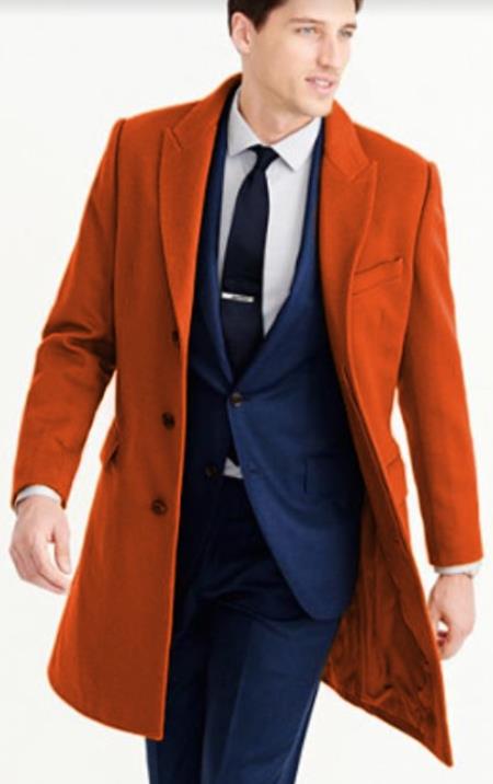 Mens Carcoat - Rust Three Quarter Peak Lapel Topcoat