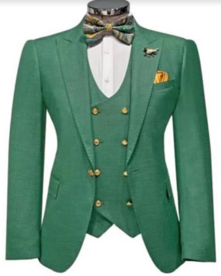SKU#JA61583 Emerald Green and Gold Tuxedo Suit