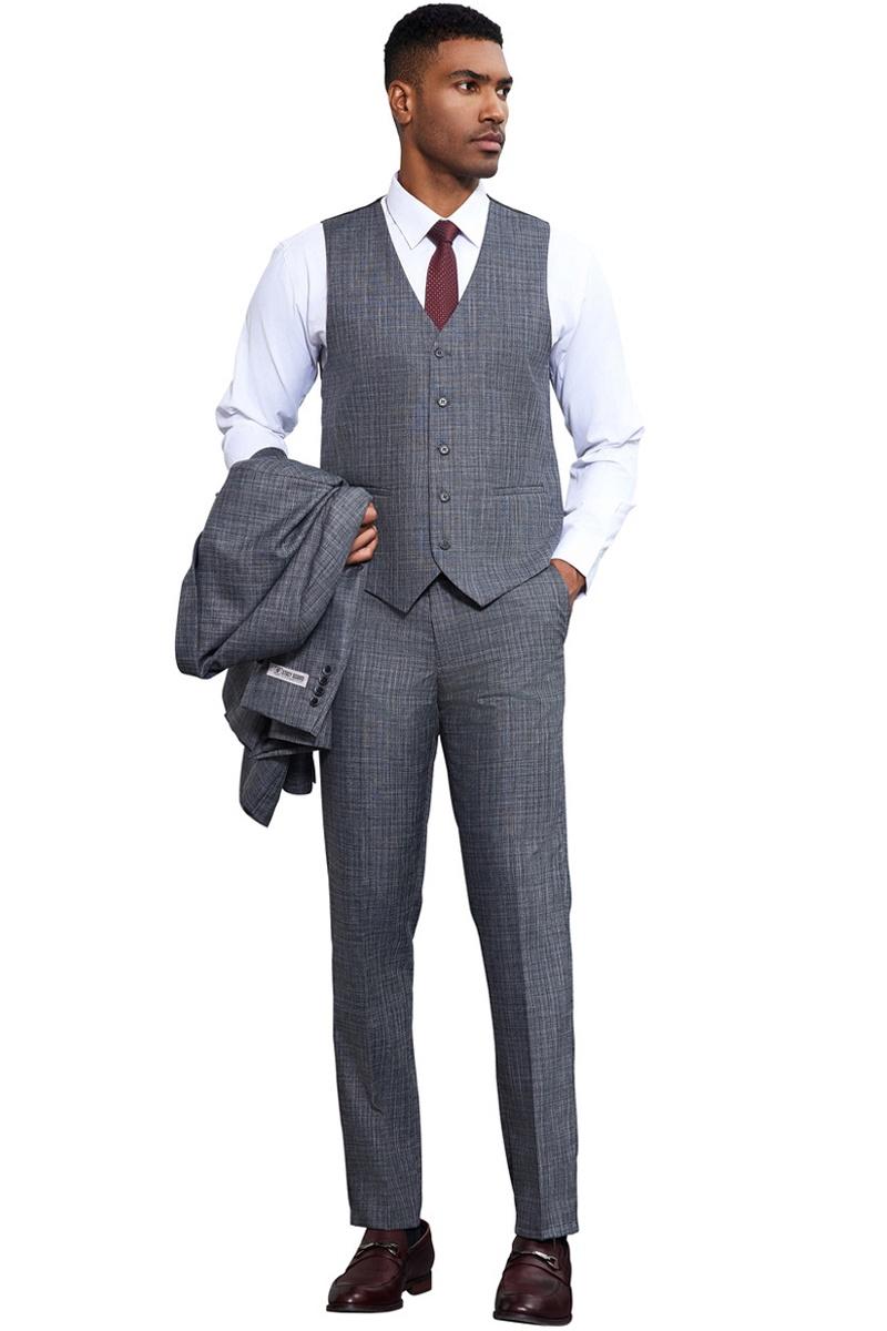 Men's Stacy Adams Vested Sharkskin Weave Pattern Suit in Grey