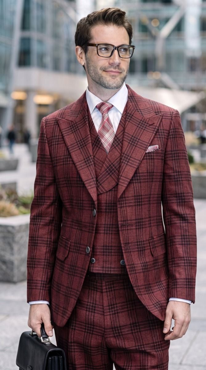 Statement Men's 3-Piece 100% Wool Tailored Fit Glen Plaid Suit - Double Breasted Vest