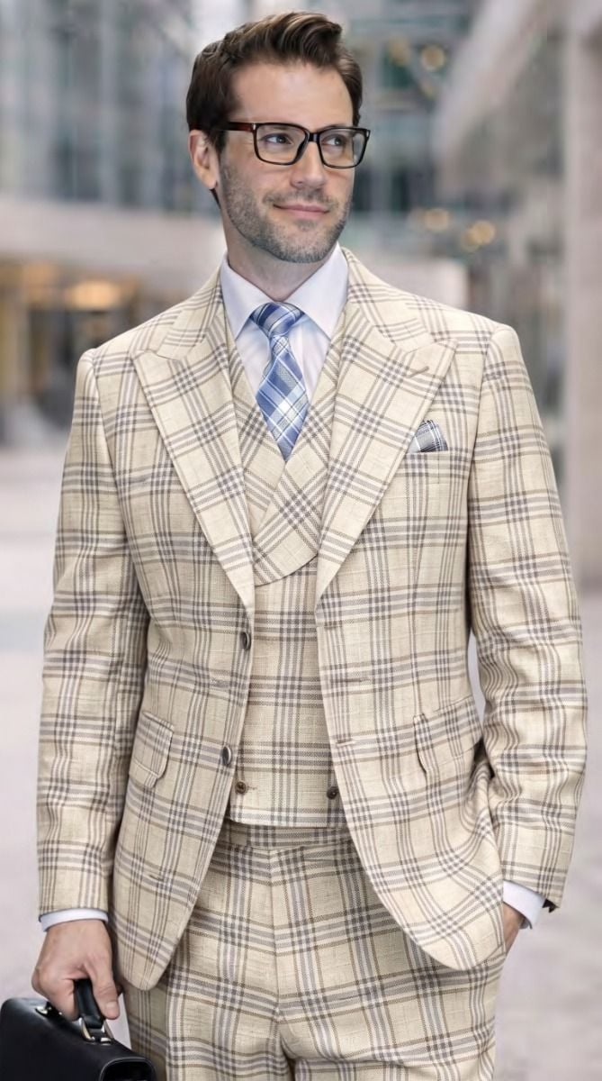 Statement Men's 3-Piece 100% Wool Tailored Fit Glen Plaid Suit - Double Breasted Vest