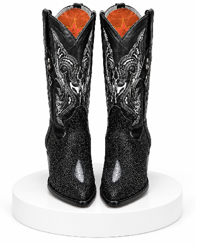 Los Altos Boots Black Genuine Stingray Mantarraya Skin Single Stone Western Cowboy Botas De Mantarraya - Mantarraya Boots (EE)