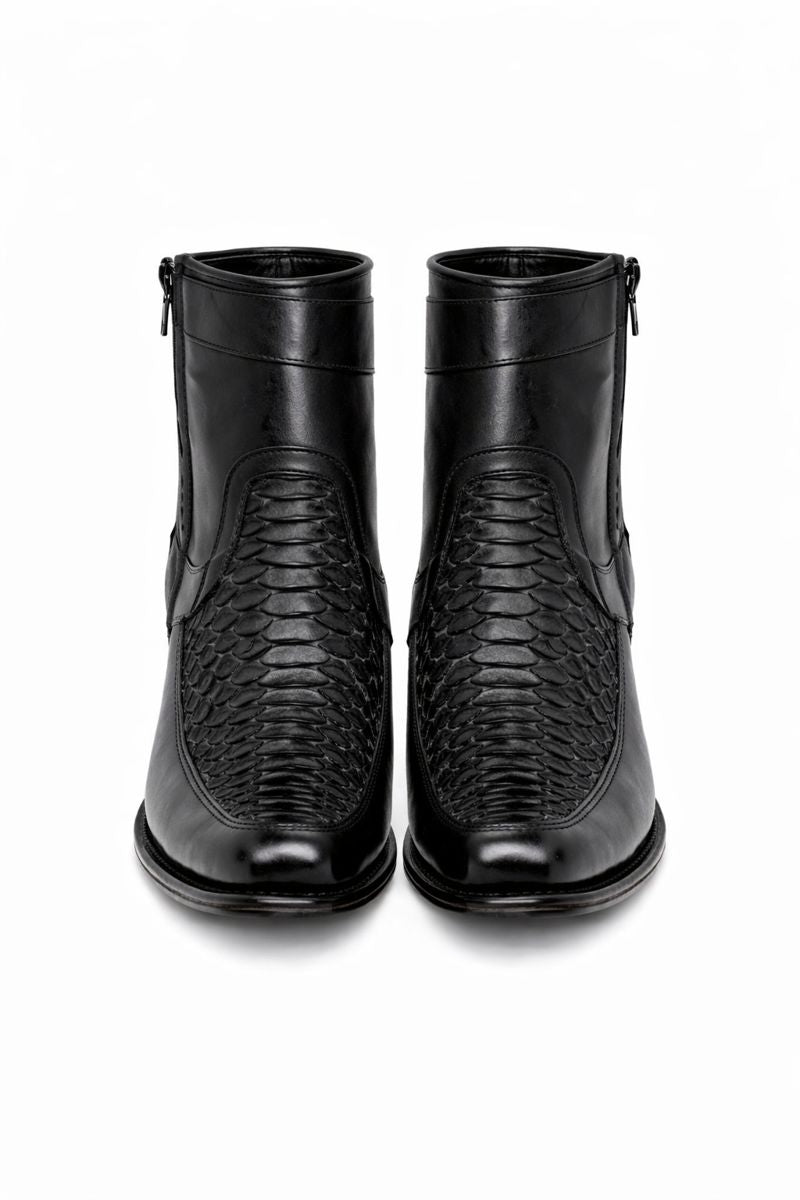 Los Altos Men's Original Python Skin European Toe Short Boots - Black 76BFN5705-New Designer Collection