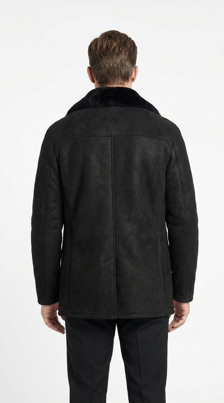 Men’s Black Shearling Jacket with Faux Fur Collar, Western Winter Coat for Casual Wear