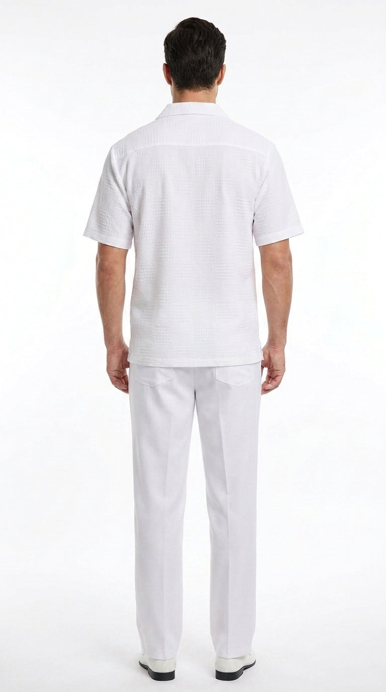 Men’s White Walking Suit, Casual Short Sleeve Shirt and Pants Summer Set