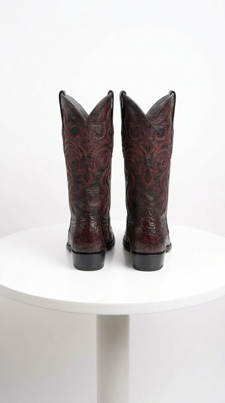 Los Altos Men’s Black Cherry Ostrich Leg Cowboy Boots, Exotic Dress Western Boots