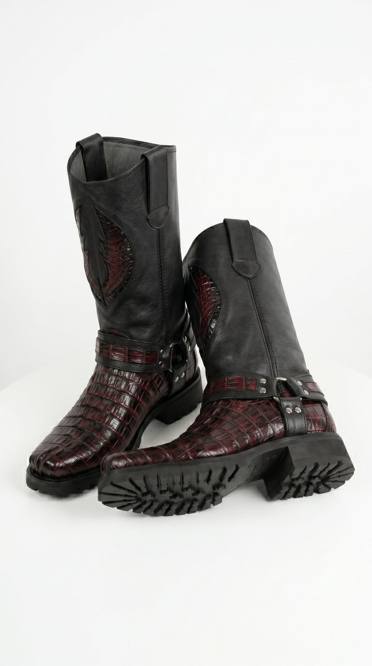 Men’s Los Altos Black Cherry Caiman Tail Skin Biker Boots, Exotic Western Motorcycle Boots