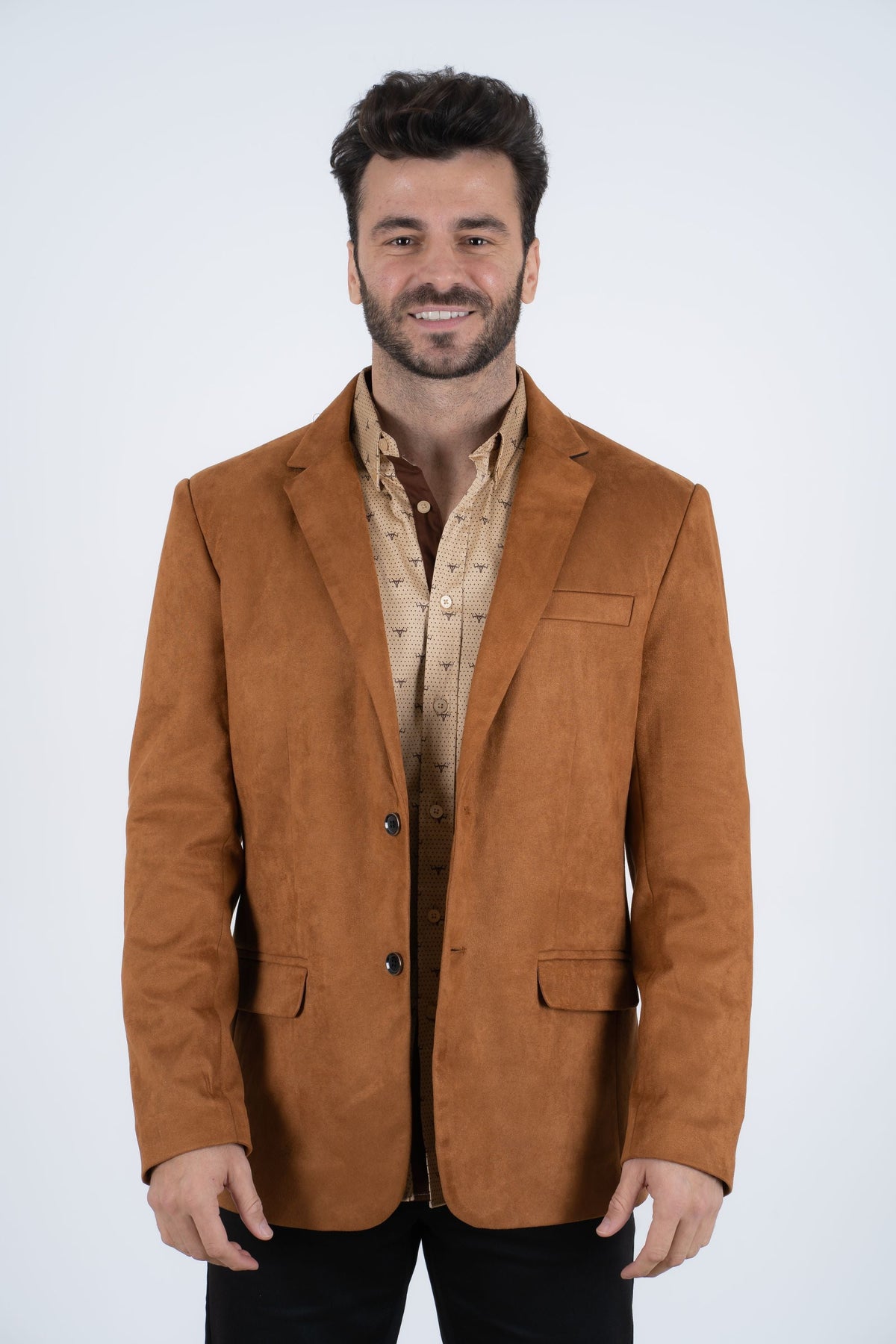 Men’s Camel Faux Suede Double Button Blazer – Stylish Casual Sport Coat