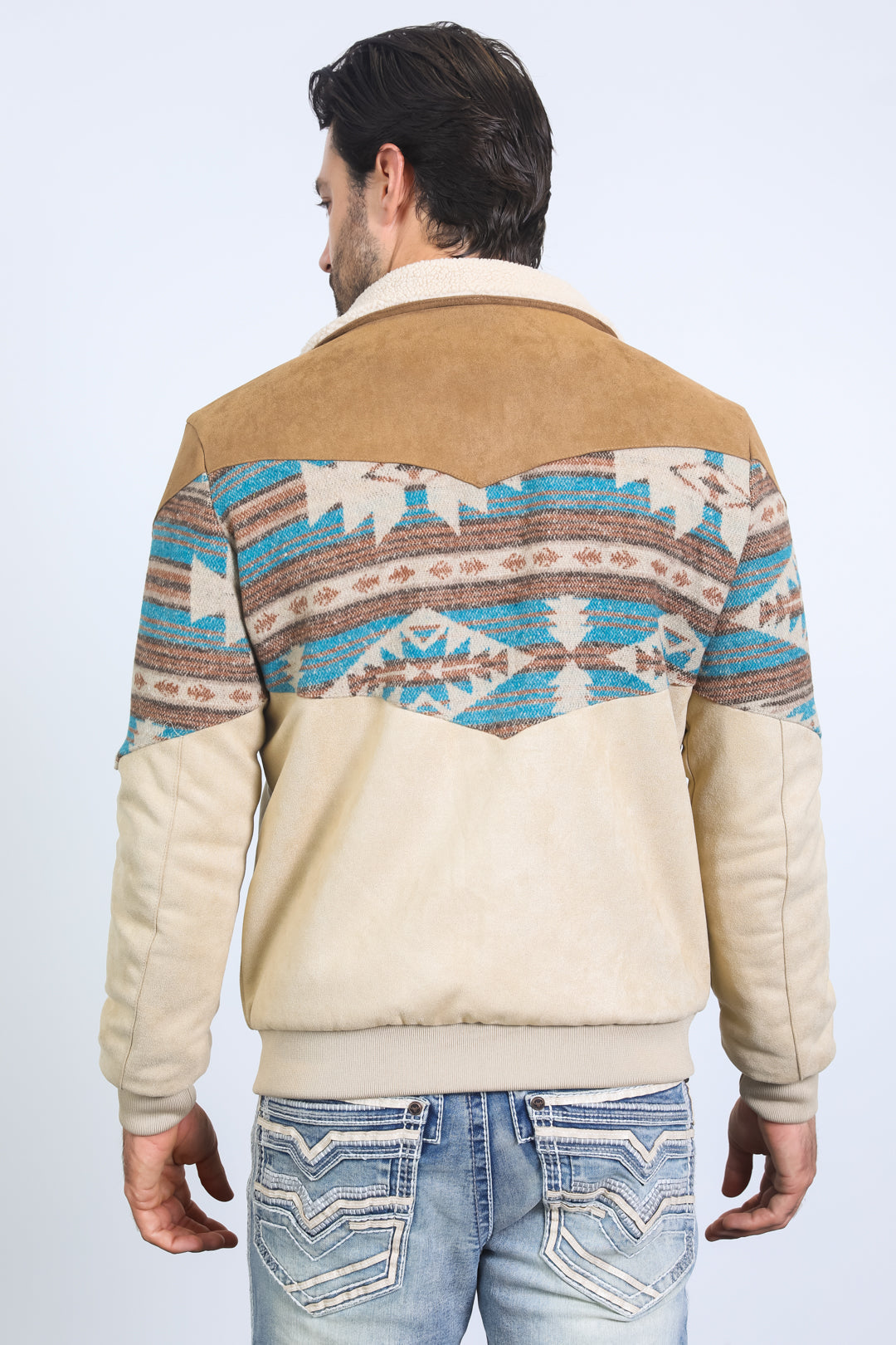 Men’s Western Inspired Aztec Quilted Twill Jacket – Beige with Suede Accents