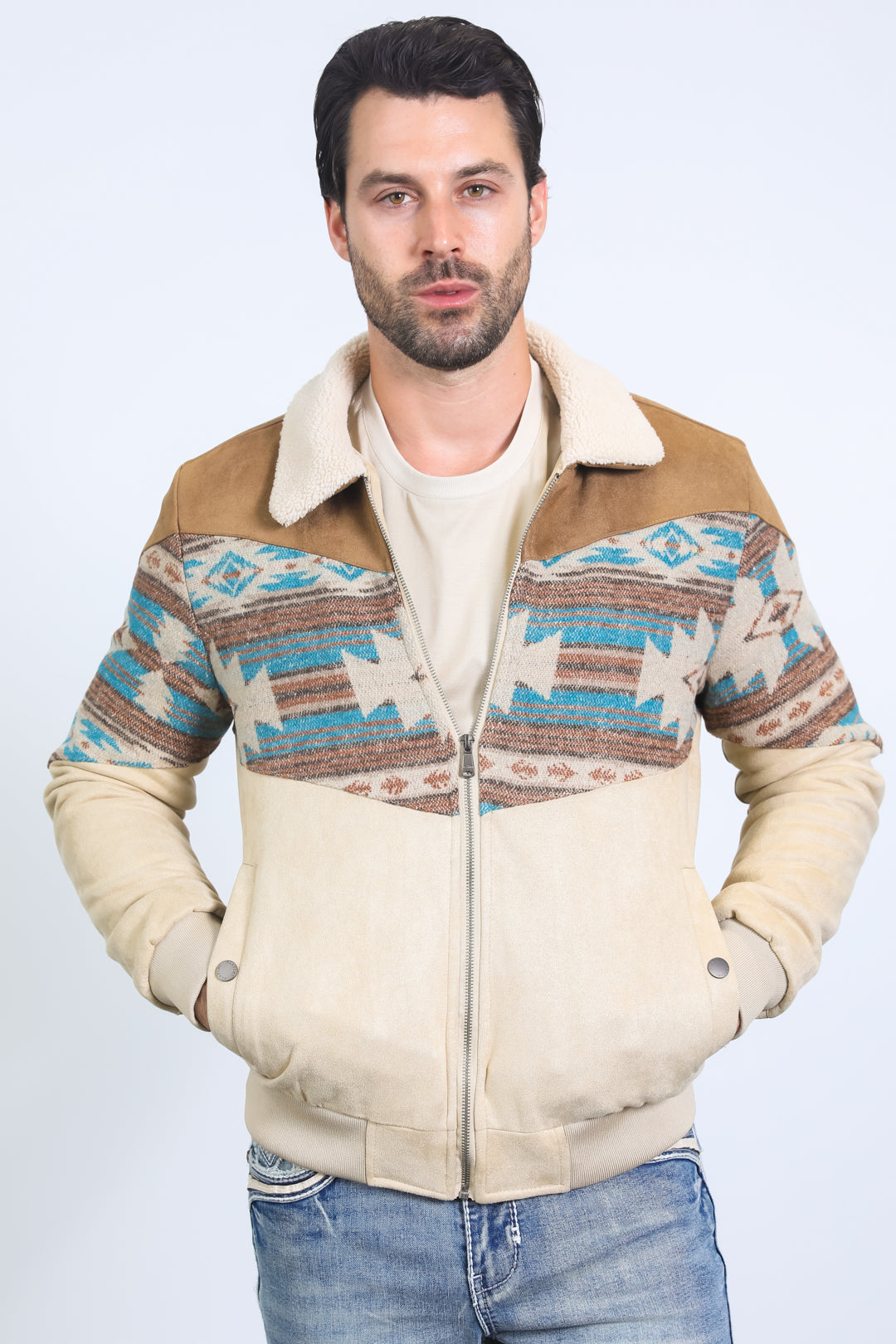 Men’s Western Inspired Aztec Quilted Twill Jacket – Beige with Suede Accents