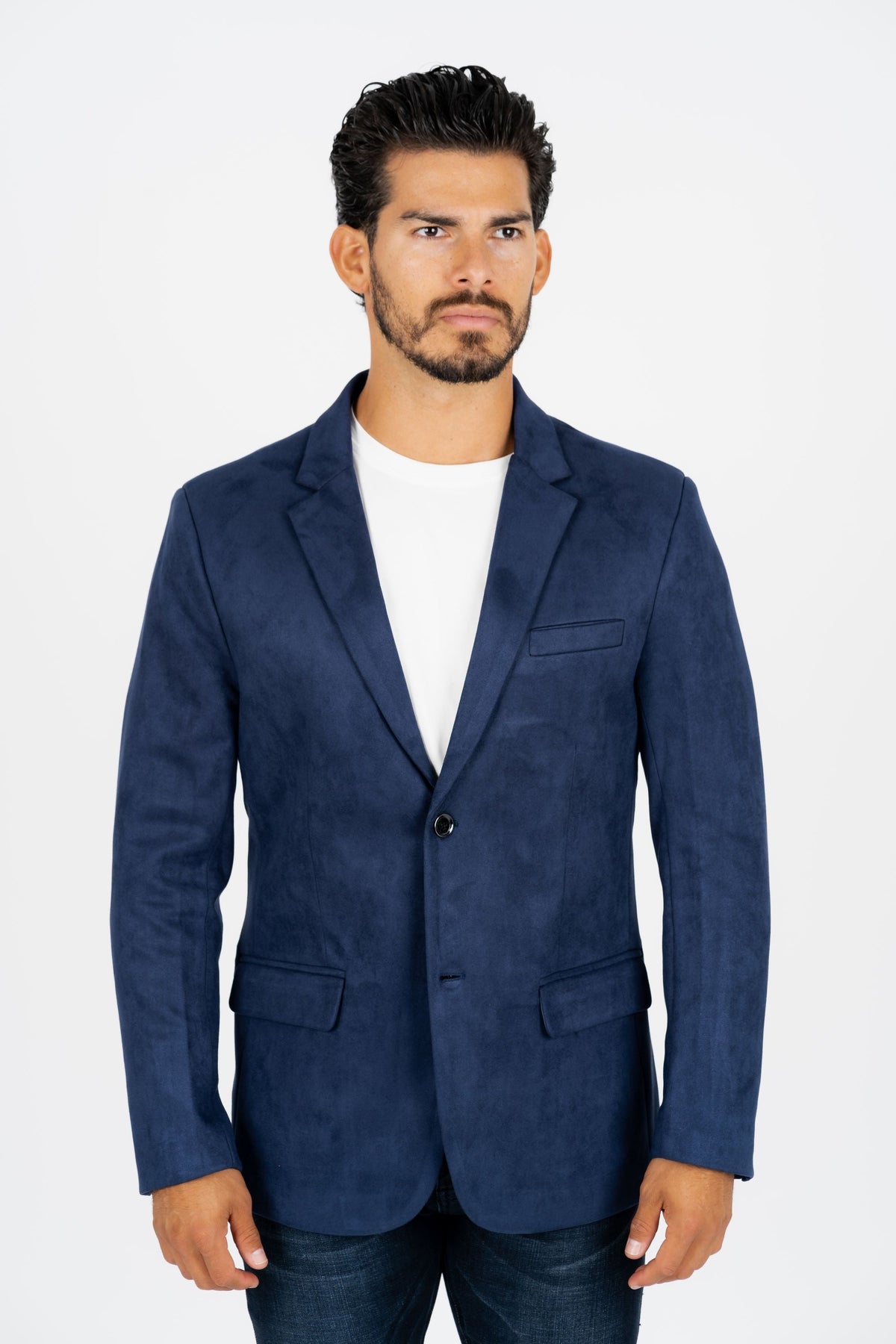 Men’s Elegant Navy Faux Suede Double-Breasted Blazer