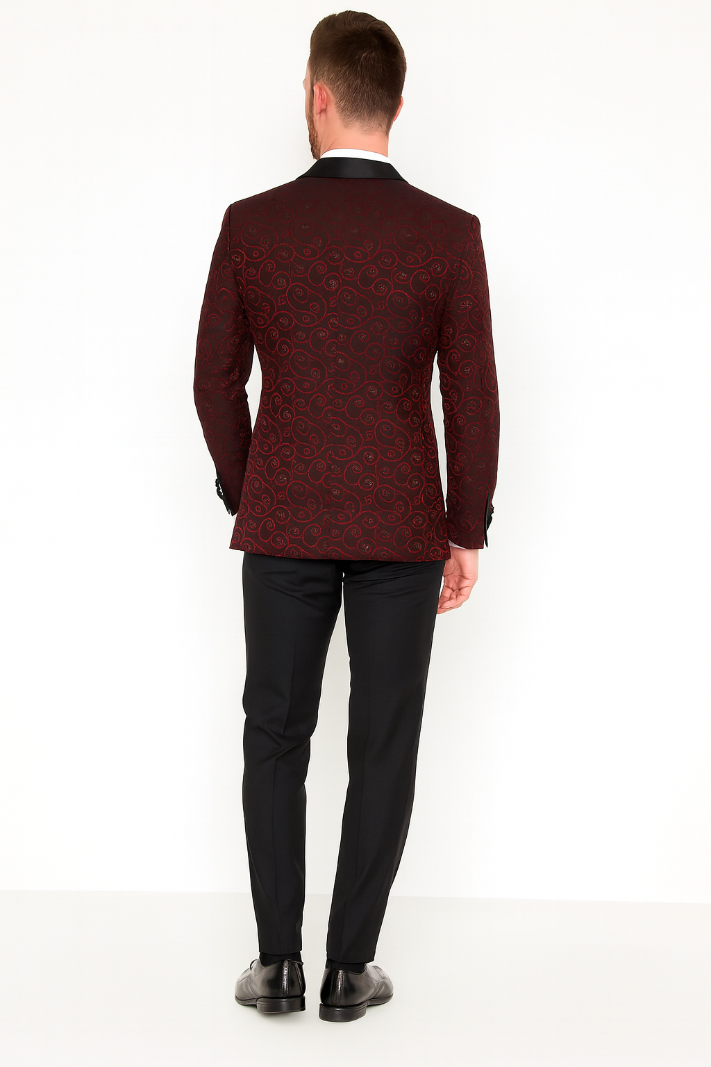 Mens Burgundy Paisley Tuxedo Jacket – Slim Fit Dinner Blazer with Black Satin Lapel With Bowtie