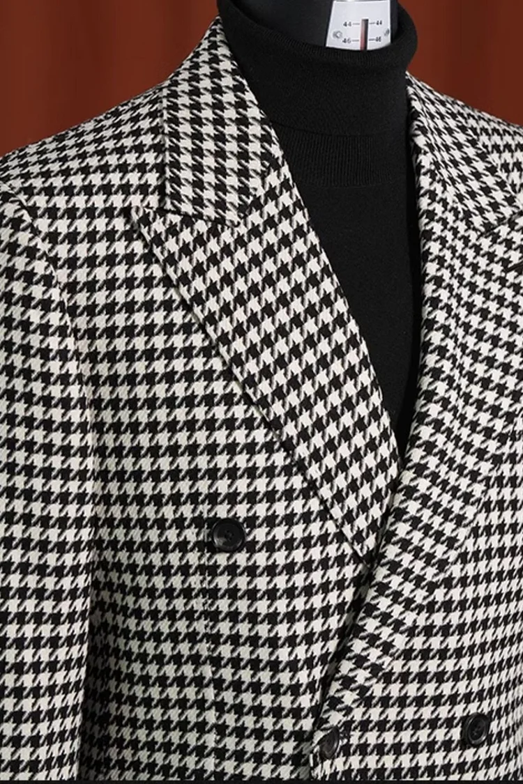 Men’s Black and White Houndstooth Blazer, 100% Wool Modern Fit Sport Coat