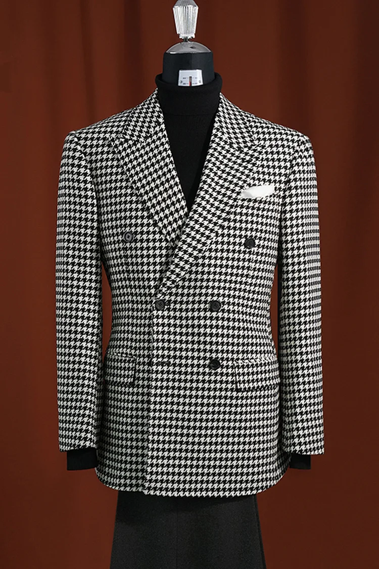 Men’s Black and White Houndstooth Blazer, 100% Wool Modern Fit Sport Coat