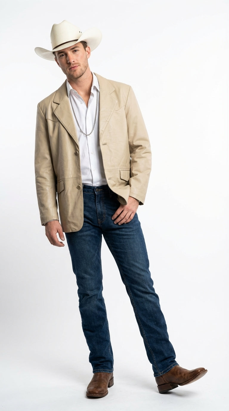 Mens Beige Sand Bone Real Leather Cowboy Western Blazer – Classic Western Style Leather Jacket Casual Formal Ranch Coat for Men