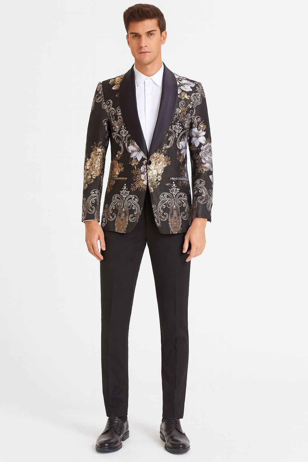 Mens Black and Gold and Silver Floral Jacquard Blazer with Satin Shawl Lapel Tuxedo Suit With Black Pants with Bowtie