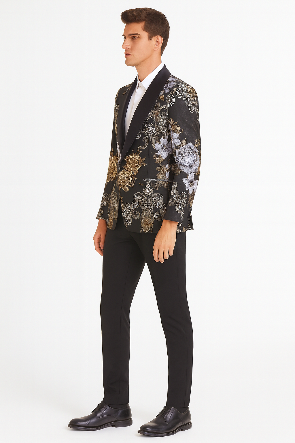 Mens Black and Gold and Silver Floral Jacquard Blazer with Satin Shawl Lapel Tuxedo Suit With Black Pants with Bowtie