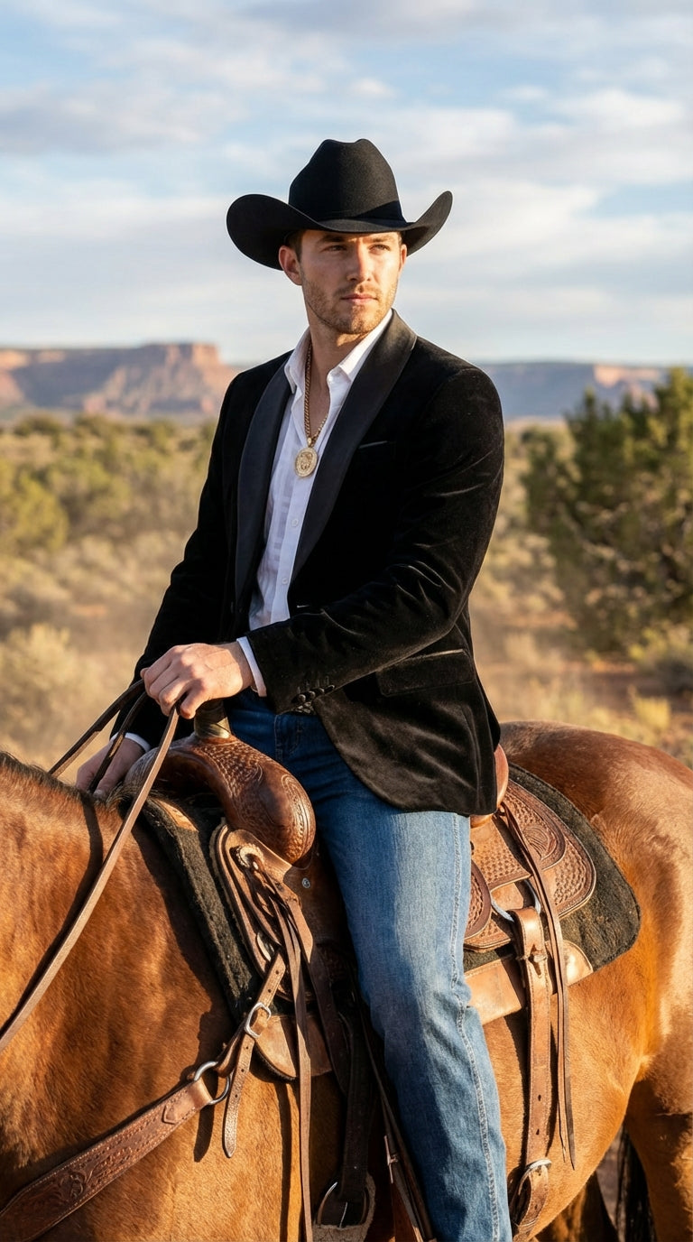 Mens Black Velvet Cowboy Blazer – Western Formal Jacket with Satin Lapel