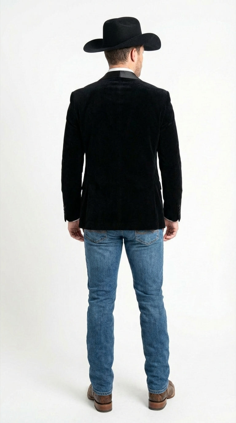 Mens Black Velvet Cowboy Blazer – Western Formal Jacket with Satin Lapel