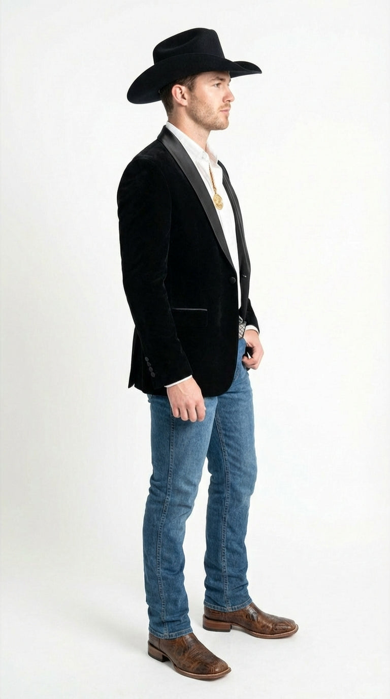 Mens Black Velvet Cowboy Blazer – Western Formal Jacket with Satin Lapel