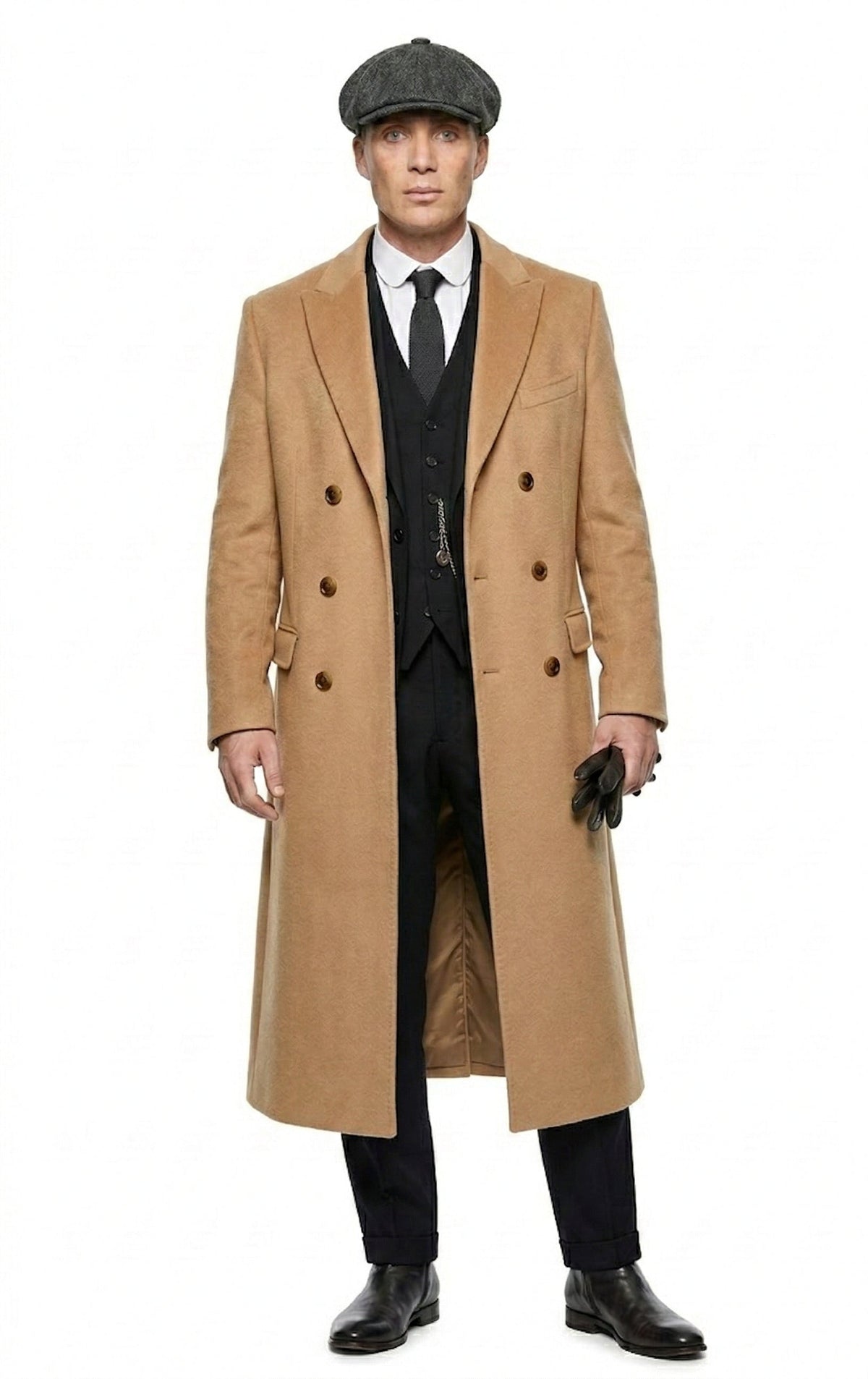 Mens Camel Brown Double Breasted Wool Overcoat + Suit – Peaky Blinders Inspired Vintage Long Trench Coat with Lapel Collar