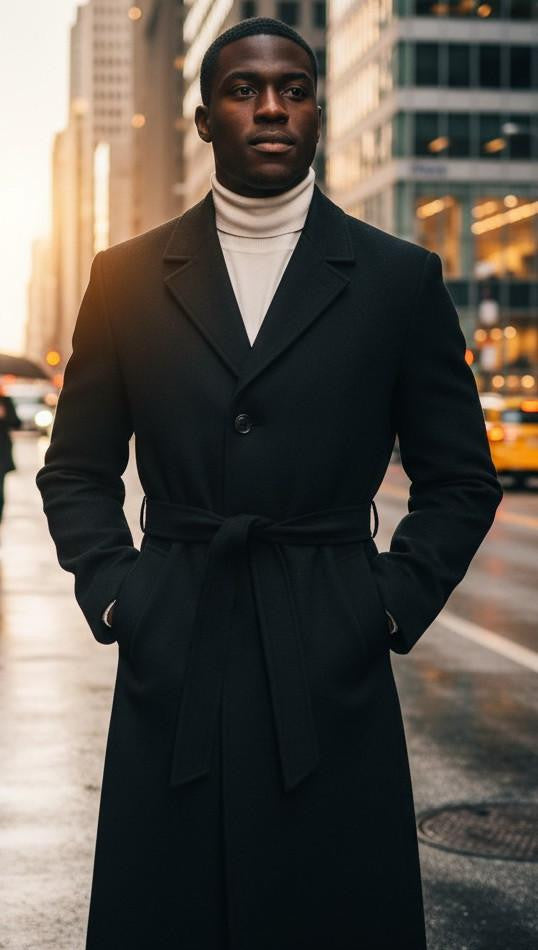 Men's Black Full Length Belted Overcoat Porter
