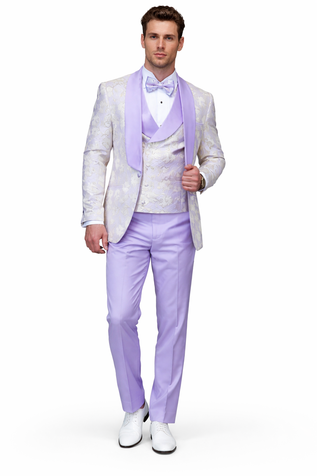 Men's Designer Vested Wedding & Prom Tuxedo in Purple & Gold Floral Paisley