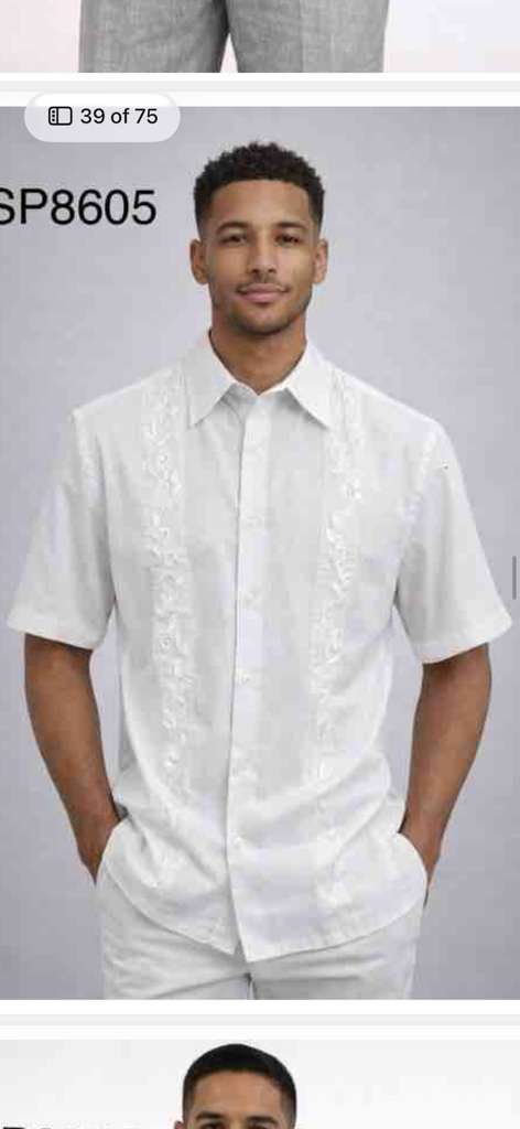 Mens White Embroidered Walking Suit Set – Short Sleeve Shirt and Pants Casual Summer Outfit for Vacation, Beach and Everyday Wear