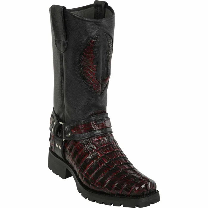 Men’s Los Altos Black Cherry Caiman Tail Skin Biker Boots, Exotic Western Motorcycle Boots