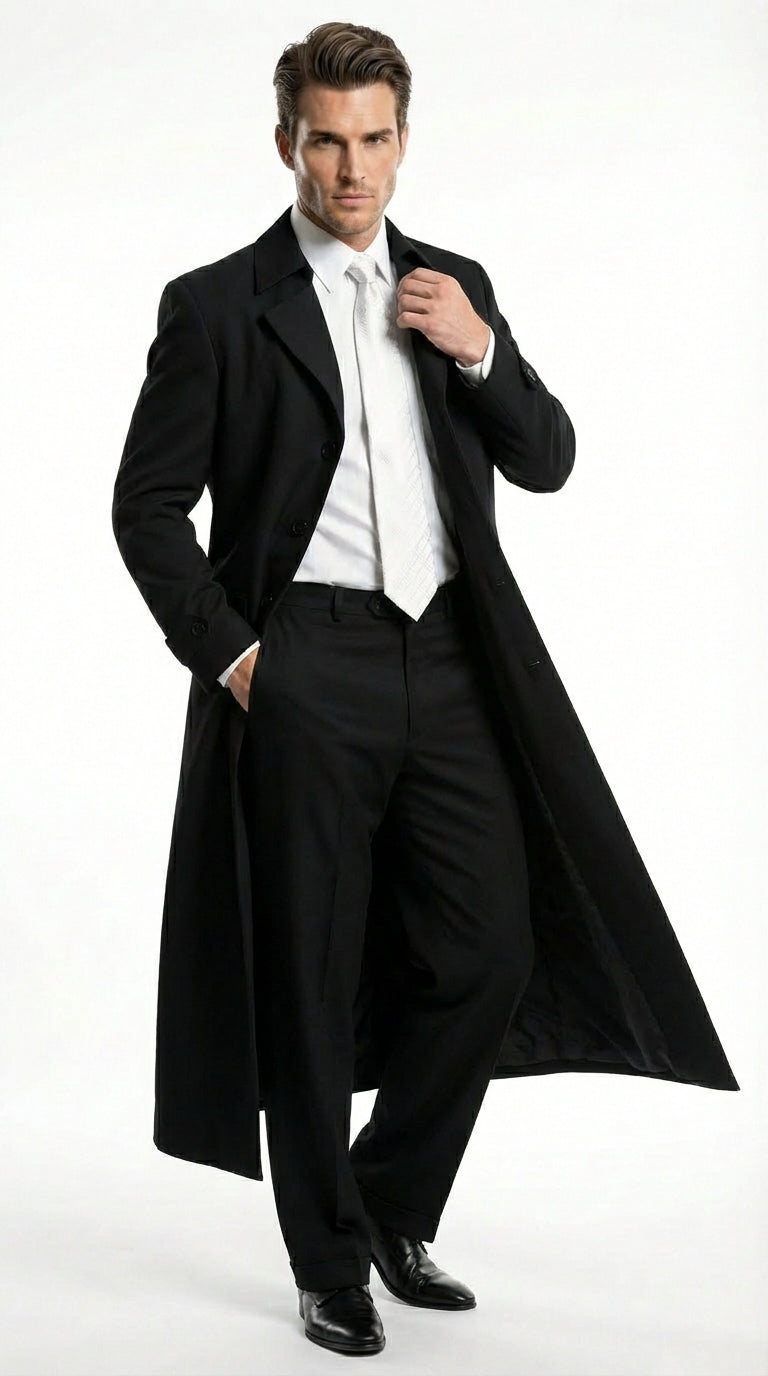 Men's Maxi Black Full Length Zoot Suit – Vintage Gangster Style Long Coat Formal Suit