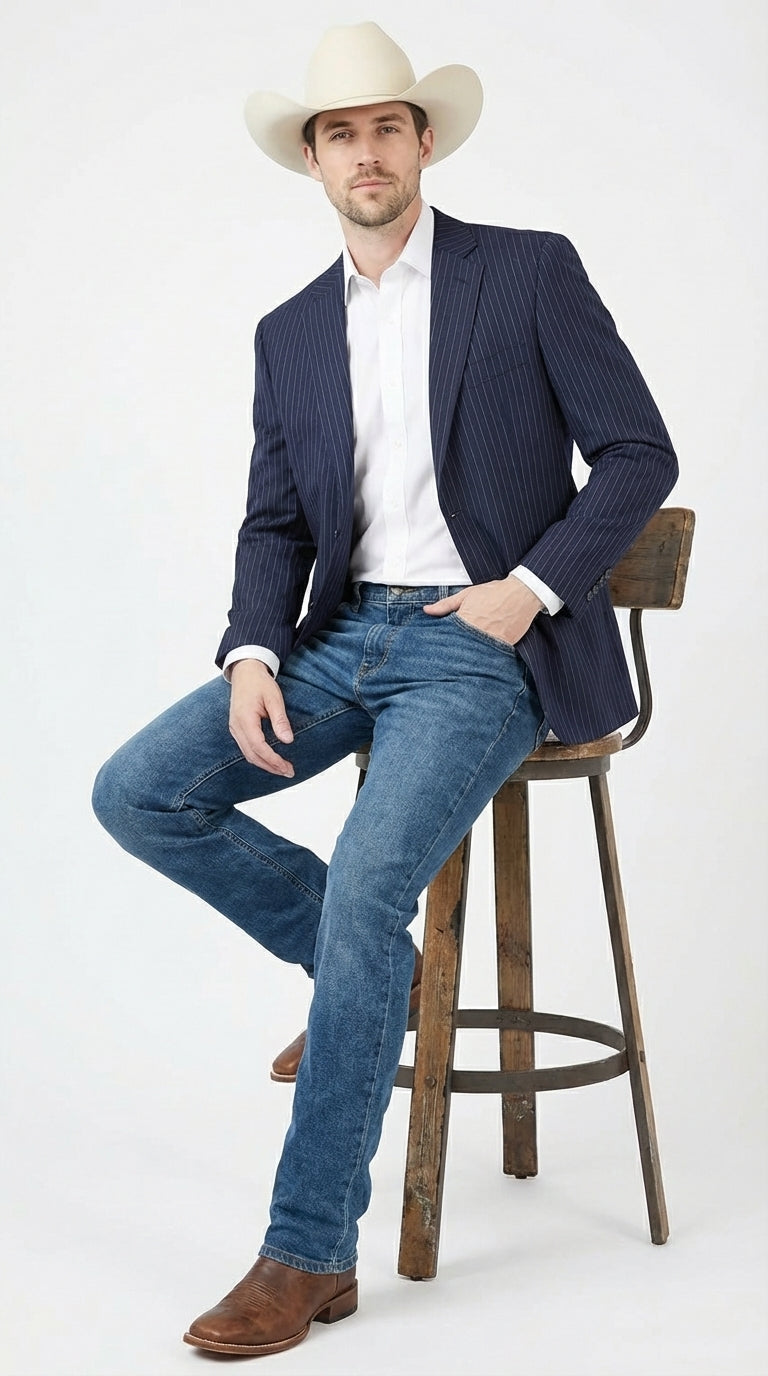 Mens Navy Blue Pinstripe Western Blazer – Classic Cowboy Style Jacket for Business, Formal and Smart Casual Wear