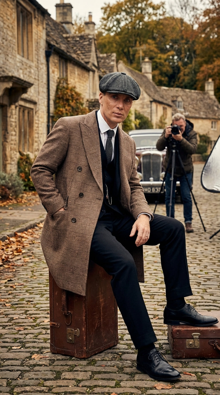Mens Peaky Blinders Gray Plaid Double Breasted Overcoat + Suit Peaky Blinders Vintage Wool Blend Coat 1920's