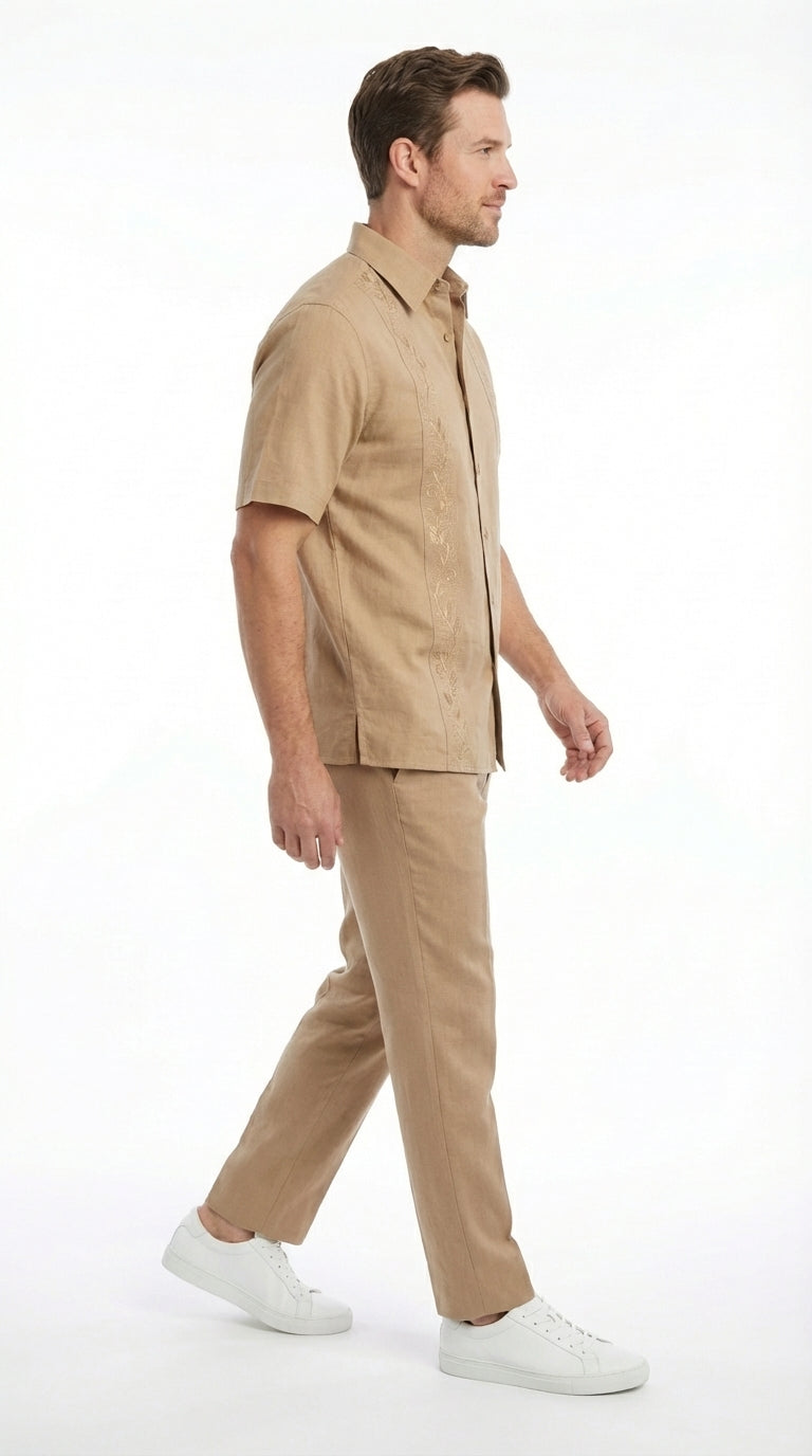Mens Tan Embroidered Walking Suit Set – Short Sleeve Shirt and Pants Casual Summer Outfit for Vacation, Beach in khaki Beige Color