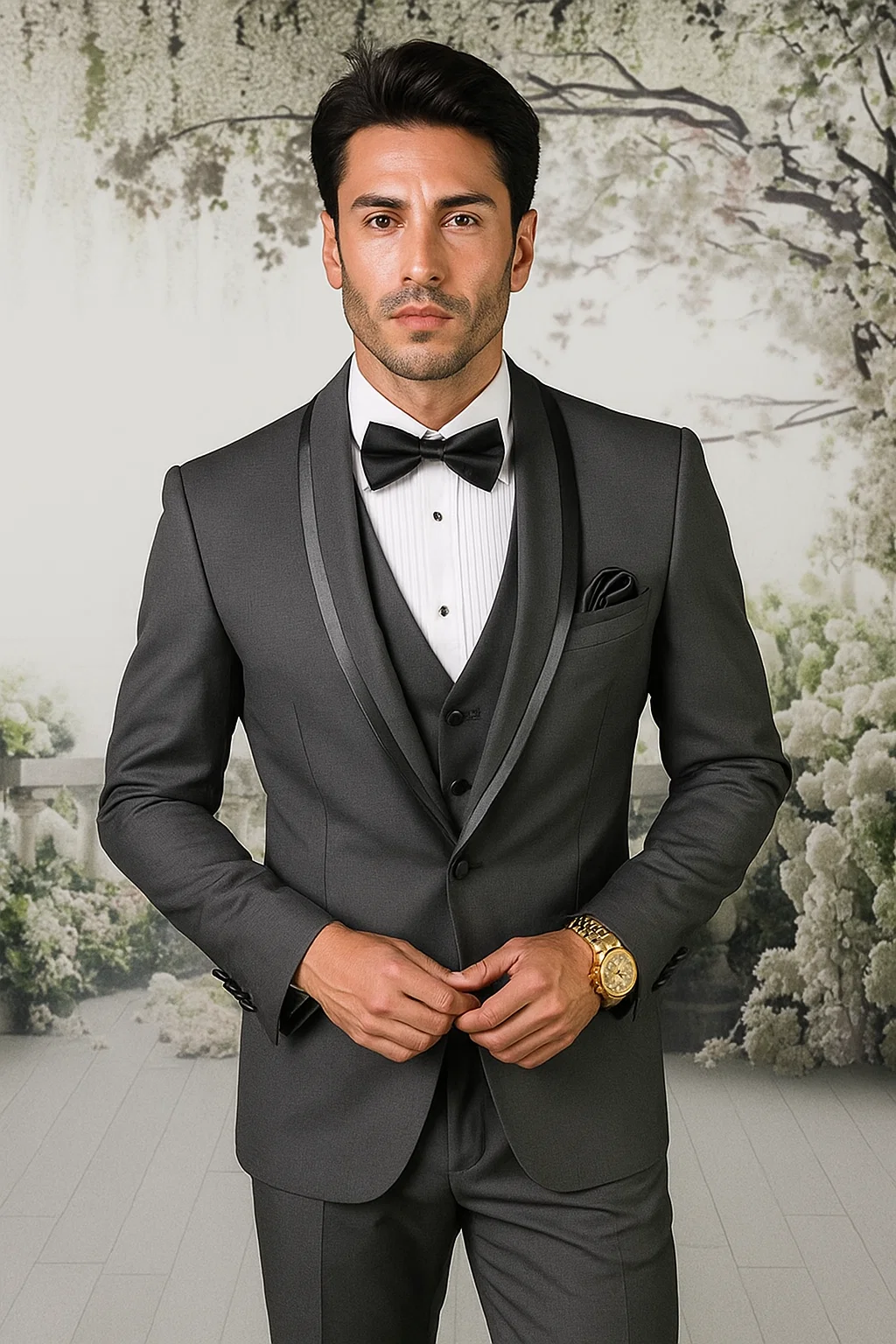 Classic Mens Vested Tuxedo in Charcoal – Satin Shawl Collar for Formal Events
