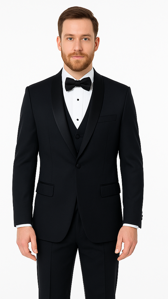 Mens Vested Wool Tuxedo with Velvet Shawl Lapel in Navy
