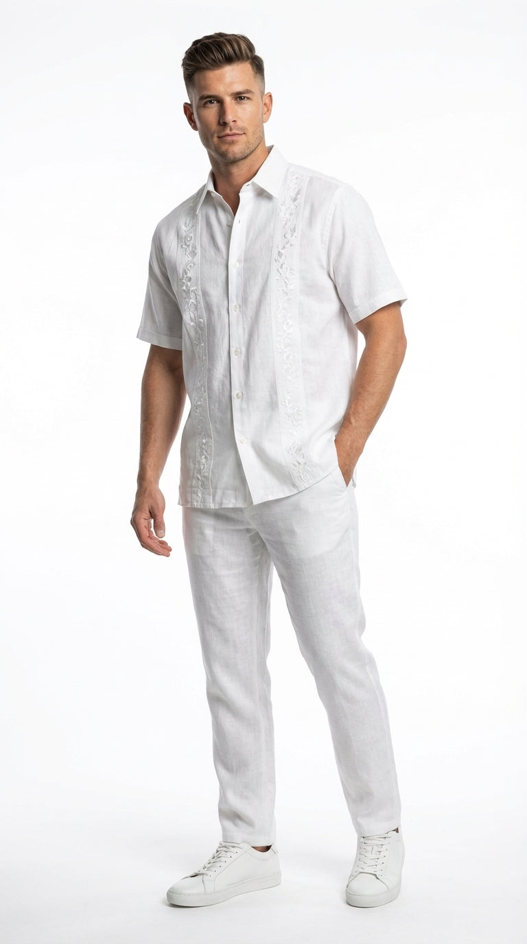 Mens White Embroidered Walking Suit Set – Short Sleeve Shirt and Pants Casual Summer Outfit for Vacation, Beach and Everyday Wear