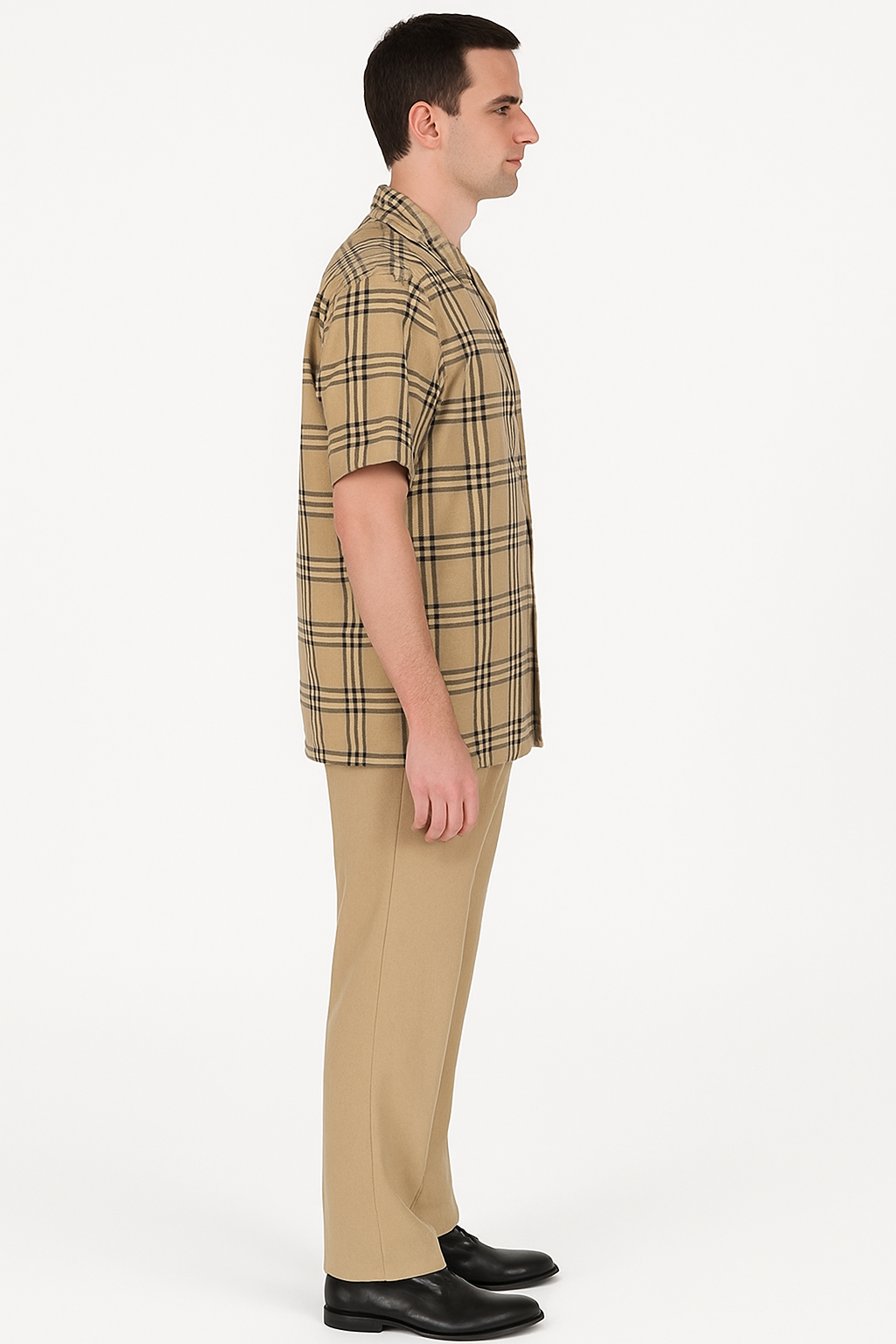 Beige Plaid Button-Up Shirt for Men – Casual to Semi-Formal