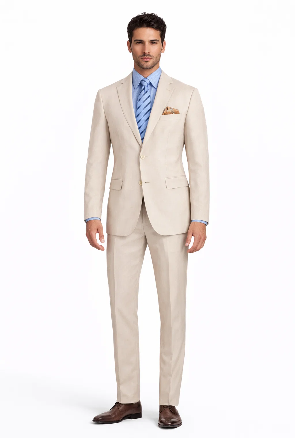 Modern Fit Summer 2 Piece 2 Button Suit Striped Seersucker in Tan