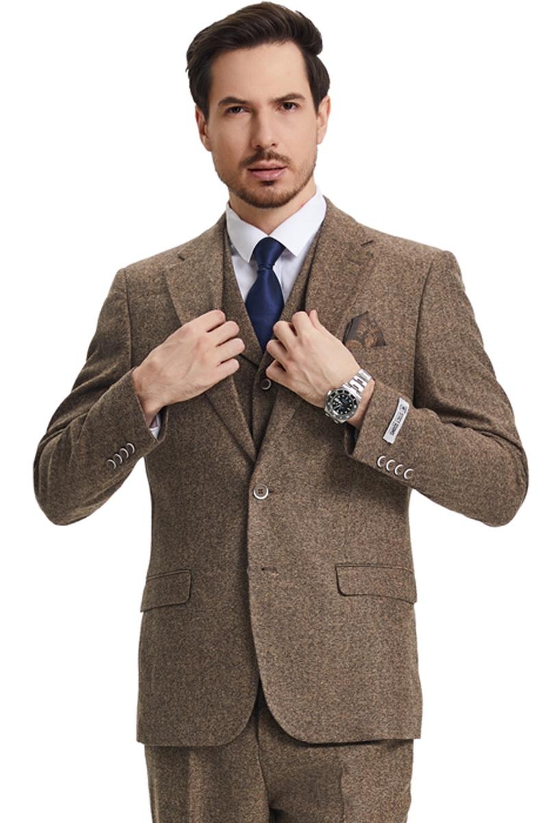 Men's Stacy Adams Vested Vintage Herringbone Tweed Suit in Light Brown